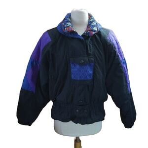 Edelweiss Ski Coat VTG 90s Women Sz L Embroidered Black Puffer Jacket